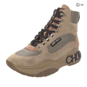 Jimmy Choo Taupe Suede and Mesh Platform Hiker Boots